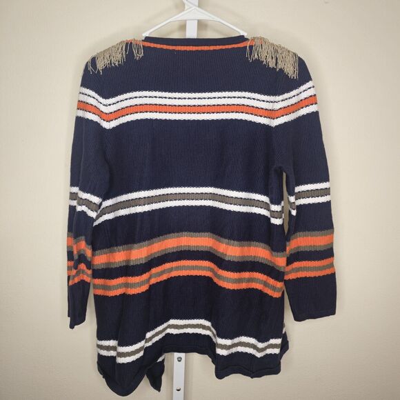 Vilagallo Navy Blue Multicolor Stripe Open Front Cardigan Fringe Shoulder S/M - Picture 2 of 16